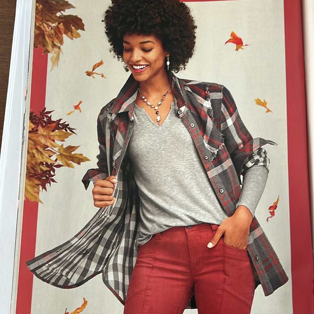 CAbi 4164 Tavern Jacket red, gray and white plaid, size medium.